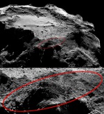 Mozaika snímků přístroje OSIRIS na Rosettě ukazuje oblast přistání Philae z výšky 20 km (12. 12. 2014), Philae by na snímku zabíral 3 pixely Autor: ESA/Rosetta/MPS for OSIRIS Team MPS/UPD/LAM/IAA/SSO/INTA/UPM/DASP/IDA