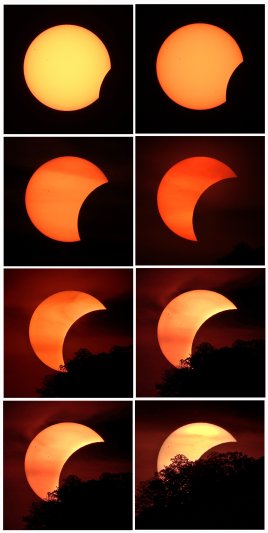 Částečné zatmění Slunce 12.8.2026 - mozaika snímků vzniklých mezi 19h21m až 19h48,5m SELČ