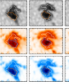 Autor: Astronomický ústav AV ČR - Demonstrační snímky póry v různých vývojových fázích. V prvním sloupci je zachycena fáze prvního růstu, v druhém stabilní fáze, ve třetím druhá růstová fáze a ve čtvrtém a pátém dvě momentky z fáze rozpadu. Po řádcích jsou pak zobrazeny intenzitní mapy s vyznačením optické hranice (bílá křivka) a mapy celkové magnetické indukce (oranžově) a její vertikální komponenty (modře). Konturami jsou označeny uvažované kritické hodnoty: 0,1921 T modře pro celkovou indukci a 0,1665 T oranžově pro vertikální komponentu. Je dobře patrné, že bílá a oranžová kontura koincidují jen v případě stabilní fáze.