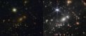 Autor: NASA/ESA - Srovnání nesrovnatelného - snímek z JWST musel být 4× zmenšen a i tak je dechberoucí ve srovnání s daty z HST. Navíc Hubble fotografoval uvedené pole po dobu několika týdnů, JWST asi 12,5 hodiny. Data jsou v blízkém infračerveném oboru.