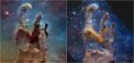 Autor: NASA, ESA, CSA, STScI; J. DePasquale, A. Koekemoer, A. Pagan (STScI) - Srovnání snímku známých Pilířů stvoření v mlhovině M16 z vesmírných dalekohledů HST (vlevo, viditelný obor spektra, ACS) a JWST (vpravo, blízký infračervený obor, NIRCam)