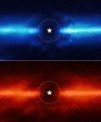 Autor: NASA, ESA, CSA, K. Lawson (Goddard Space Flight Center), zpracování A. Pagan (STScI) - Prašný disk u hvězdy AU Mic zachycený JWST na dvou různých vlnových délkách v infračervené části spektra