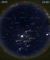 Autor: Stellarium/Martin Gembec - Mapa oblohy 1. března 2023 v 19:00 SEČ. Nad západním obzorem konjunkce Jupiteru s Venuší.