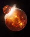 Umělecká představa planetární kolize, při níž vznikl náš Měsíc. Vizualizace P. Gabzdyl
