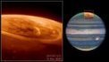 Autor: NASA, ESA, CSA, STScI, Ricardo Hueso (UPV), Imke de Pater (UC Berkeley), Thierry Fouchet (Observator - Vpravo vidíme Jupiter v infračerveném oboru s oblaky tmavě modré a bílé barvy s bouřemi načervenalých odstínů. Ve výřezu vidíme detail polární záře z 25. 12. 2023