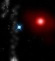 Umělecká představa dvojhvězdy Antares A (vpravo) a B (vlevo)
