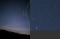 Autor: Martin Gembec - Kometa C/2025 A6 (Lemmon) 4. 10. 2025 ráno mobilem Google Pixel 8 Pro v astrofoto režimu. Expozice 4 minuty, subexpozice asi 20 sekund. Opřeno o auto. Ve výřezu je vidět, že v automatickém režimu není zaostření ideální, ale kometa se projevila jako výrazná zelená skvrnka a je snad vidět i ohon.