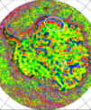 Autor: Jaroslav Klokočník - Mapa zz-složky Marussiho tensoru a virtuálních deformací antarktického kontinentu. Vyznačena je oblast předpovězených výskytů sopečných kuželů pod vrstvou ledu.