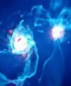 Autor: ICRAR - Momentka ze simulace srážky naší Galaxie s galaxií M31 zachycuje oba útvary krátce po prvním vzájemném sblížení