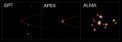 Autor: ESO/ALMA (ESO/NAOJ/NRAO)/Miller et al. - Obrázek kombinuje tři pohledy na stejný objekt – vzdálenou kupu interagujících a slévajících se galaxií s označením SPT2349-56. Levý snímek je širokoúhlý záběr pořízený dalekohledem SPT (South Pole Telescope) – objekt je zde zachycen pouze jako jasný bod. Snímek uprostřed byl pořízen pomocí radioteleskopu APEX (Atacama Pathfinder Experiment) a odhaluje již dvojic útvarů. Snímek vpravo pak představuje detailní záběr pořízený pomocí radiotelskopu ALMA (Atacama Large Millimeter/submillimeter Array) – zde je patrné, že jen samotná spodní část útvaru je složena ze čtrnácti blízkých galaxií a jedná se tady o vznikající galaktickou kupu.