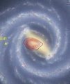 Autor: Danny Horta-Darrington (Liverpool John Moores University), NASA/JPL-Caltech, and the SDSS - Umělecké ztvárnění toho, jak by vypadala naše Galaxie při pohledu „shora“ – zakreslena je i poloha Slunce a fosilní galaxie Heracles