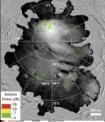 Autor: ESA/NASA/JPL-Caltech - Barevné tečky představují místa, kde byly zaznamenány evropskou sondou Mars Express silné radarové ozvěny pod povrchem jižní polární čepičky Marsu