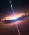 Autor: © ESO - Malířova představa plynného akrečního disku kolem hmotné protohvězdy. Autor zachytil i protisměrné polární výtrysky v nichž je patrná vnitřní struktura