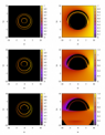 Autor: Z. Stuchlík a J. Schee - Příklad vzhledu fotonové sféry okolo teoretické červí díry na druhém konci (vlevo) a při pohledu z naší strany pozorování (vpravo) pro různé sklony rotační roviny hmoty kolem červí díry. Obraz disku na druhé straně červí díry by se nacházel uvnitř obrazu disku na naší straně a dával by tak jasný signál existence červí díry.