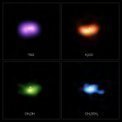 Autor: ALMA (ESO/NAOJ/NRAO)/A. Pohl, van der Marel et al., Brunken et al. - Záběry pořízené radioteleskopem ALMA (Atacama Large Millimeter/submillimeter Array) zachycují signál různých molekul v disku kolem hvězdy IRS 48 (Oph-IRS 48) - formaldehyd (oranžově), methanolu (zeleně) a dimethyletheru (modře), oxid uhelnatý (fialově). Poloha centrální hvězdy je označena hvězdičkou na všech čtyřech obrázcích.