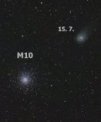 Autor: Martin Gembec - Poloha komety C/2017 K2 (PanSTARRS) 15. a 16. 7. 2022 - přibližná podoba komety ve snímku M10 (ED80/600, Canon 30D, ISO 800, 60 s)
