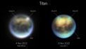 Autor: NASA/JWST - Dvě fotografie ukazující vývoj mraků v atmosféře Titanu během 30 hodin. Můžeme na nich rozpoznat i albedové útvary a rotaci měsíce zleva doprava.