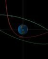 Autor: NASA/JPL-Caltech - Vizualizace dráhy asteroidu 2023 BU kolem Země (červeně), pro porovnání přidána i geostacionární oběžná dráha ve výšce 35 786 km nad rovníkem (zeleně)