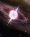 Autor: CC-BY-SA International Gemini Observatory/NOIRLab/NSF/AURA/J. da Silva - Schématická představa kolabující hvězdy produkující krátký záblesk záření gama. Gama záblesk se objevuje těsně před explozí celé hvězdy jako supernovy.
