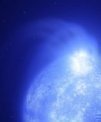 Autor: (c) ESO/L. Calçada, INAF-Padua/S. Zaggia - Ilustrace trpasličí hvězdy spektrálního typu B, na jejímž povrchu je přítomno zjasnění. V případě hvězdy HD36030 mohou být podobná překotná zjasnění – erupce – vyvolávána změnami v systémové magnetosféře sdílené se složkou pozdního spektrálního typu s malou hmotností, která je v soustavě podle zjištění Olgy Maryevy přítomna.