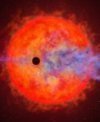 Autor: NASA, ESA, and Joseph Olmsted (STScI) - Umělecké představa planety na pozadí jasné hvězdy, podél jejíž dráhy se natahují oblaka vodíku uniklého z atmosféry.