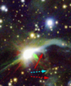 Složený barevný obrázek z přehlídky Pan-STARRS zachycuje hvězdu Z CMa a plynné struktury v jejím bezprostředním okolí. Tvar centrální mlhoviny připomínající znak větné čárky je velmi dobře patrný, stejně jako na ni navazující slabý plynný oblouk, objevený nově Tiinou Liimets a jejími spolupracovníky. Číslicemi jsou označeny jednotlivé vnitřní struktury připomínající tvarem ptačí pera.