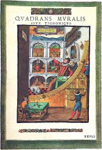 Zední kvadrant Tychona Braheho na dodatečně ručně kolorované ilustraci v jeho knize Astronomiae instauratae mechanica z roku 1598. Autor: commons.wikimedia.org, Public Domain