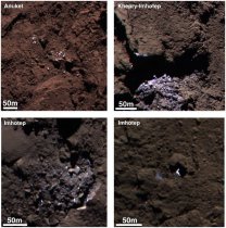 Barevný kompozit čtyř oblastí s vodním ledem viditelným na povrchu jádra komety 67P Autor: ESA/Rosetta/MPS for OSIRIS Team MPS/UPD/LAM/IAA/SSO/INTA/UPM/DASP/IDA