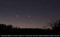 Seskupení Měsíce, Venuše a Saturnu 7. ledna 2015. Simulace podle fotografie Autor: Martin Gembec