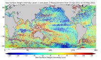 Historické srovnání dat z družic Jason-2 a Jason-1 z přelomu dubna a května 2011 Autor: NASA/JPL-Caltech/Ocean Surface Topography Science Team