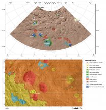 Ukázka dvou geologických map – oblast okolo kráteru Fejokoo (nahoře) a okolo kuželovité hory Ahuna Mons (dole). Červenou barvou jsou vyznačeny dómy (v legendě jako tholus) Autor: K. H. G. Hughson et al., T. Platz et al., LPSC2016