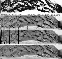 Veněra 9, foto povrchu. Originální snímek byl speciálními postupy upraven tak, aby byl pokryt celý dynamický rozsah a zobrazoval se přirozeně na monitoru. Postup úprav je vidět shora dolů Autor: Don P. Mitchell