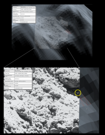 Porovnání snímku OSIRIS (popředí) proti 3D modelu v pozadí. Trojúhelníky pomáhají identifikovat viditelnost kandidáta. Takto byly plánovány snímky Autor: ESA/Rosetta/SGS/R. Andres; Inset: ESA/Rosetta/MPS for OSIRIS Team MPS/UPD/LAM/IAA/SSO/INTA/UPM/DASP/