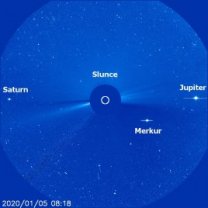 Záběr koronografu LASCO C3 sondy SOHO ukazuje okolí Slunce s třemi planetami na začátku ledna 2020 Autor: SOHO/ESA/NASA