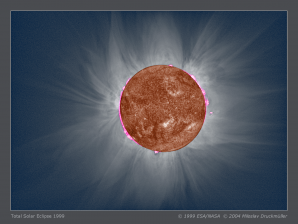 Kompozice sluneční koróny a snímku Slunce ze SOHO v roce 1999. Autor: M. Druckmüller.