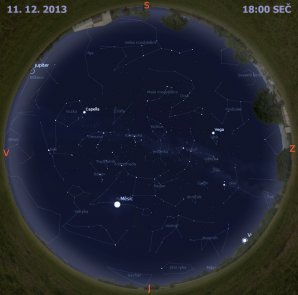 Mapa oblohy 12. prosince 2013 v 18 hodin SEČ. Data: Stellarium Autor: Martin Gembec