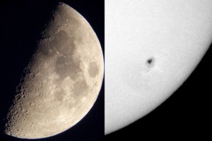 Měsíc a Slunce se skvrnou vyfocené afokální technikou. Autor: Klub astronomů Liberecka