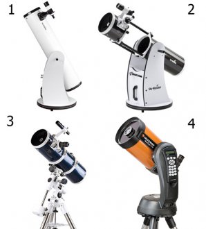 Dva dalekohledy na Dobsonově montáží, první s pevným tubusem (1), druhý zasouvací, tzv. flex-tube (2). Newtonův dalekohled na paralaktice (3) a dalekohled s elektronicky naváděnou montáží (4). Autor: Sekce pro děti a mládež