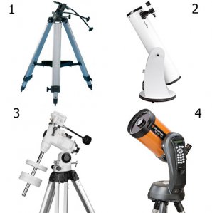 Základní druhy montáží – azimutální (1), dalekohled na Dobsonově montáži (2), paralaktická (3), dalekohled s elektronicky naváděnou montáží (4) Autor: Sekce pro děti a mládež