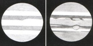 Jupiter v dalekohledu, jak jej může vidět začátečník (vlevo) a zkušený pozorovatel (vpravo) Autor: Petr Sklář