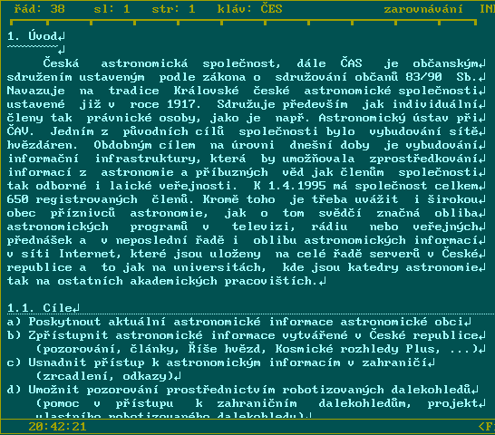 Úvod dokumentu Informační infrastruktura ČAS z 8. dubna 1995 na obrazovce editoru T602. Autor: Josef Chlachula
