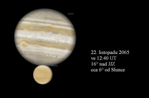 Těsná konjunkce Venuše a Jupiteru 22. listopadu 2065. Autor: Stellarium, Karel Halíř.