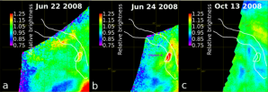 Změny jasnosti povrchu v oblasti Ganiki Chasma Autor: E. Shalygin et al (2015)