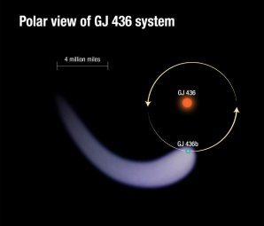 Pohled „shora“ na oblak vodíku za exoplanetou GJ 436b Autor: NASA, ESA, and A. Feild (STScI)