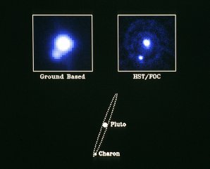 První pozorování Pluta a Charona ze Země a z Hubbleova kosmického teleskopu v roce 1990. Autor: NASA.