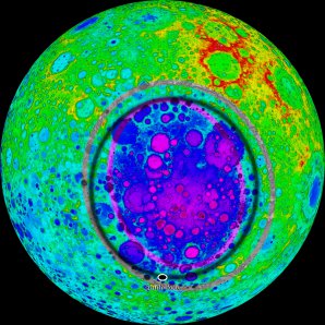 Lunární pánev South Pole-Aitken na topografické mapě Měsíce. Autor: Wikipedie