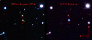 Vlevo snímek s hostující galaxií v nepravých barvách před explozí supernovy ASASSN-15lh pořízený přes Dark Energy Camera (DECam). Vpravo snímek stejné části oblohy se supernovou pořízený přes 1m dalekohled  Las Cumbres Observatory Global Telescope Network (LCOGT). Autor: The Dark Energy Survey, B. Shappee and the ASAS-SN team