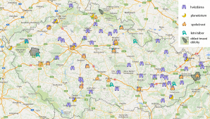 Podoba interaktivní mapy, znázorňující místa popularizující astronomii, s vloženými vysvětlivkami. Autor: Radek Kříček