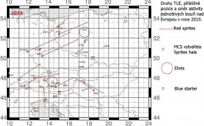 Druhy TLE, přibližné pozice a směr aktivity jednotlivých bouří nad Evropou v roce 2015. Autor: Martin Popek