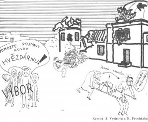 Pomozte postavit novou hvězdárnu - dobová kresba z Říše hvězd 1946-01, strana 15. Autor: Říše hvězd.